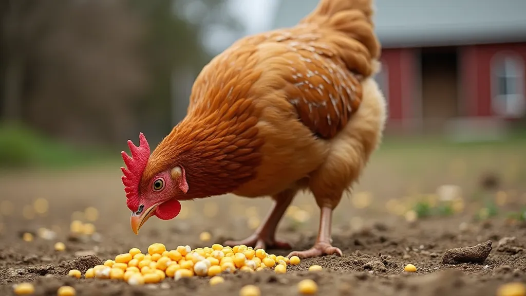 Chicken eating corn