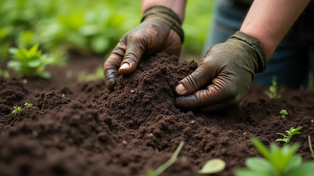 Gardener adding compost to soil