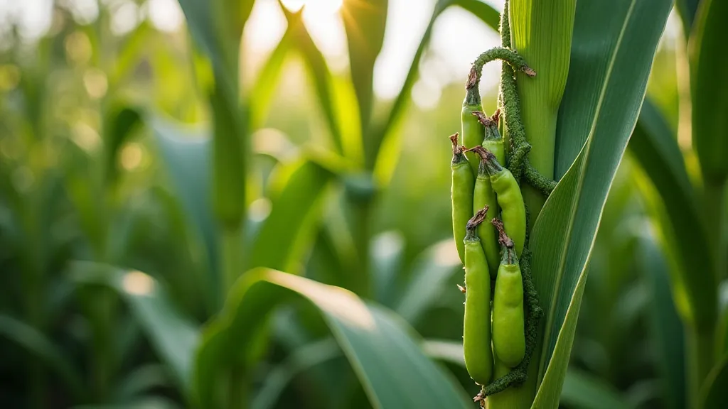 Heirloom corn stalks entwined with pole beans.