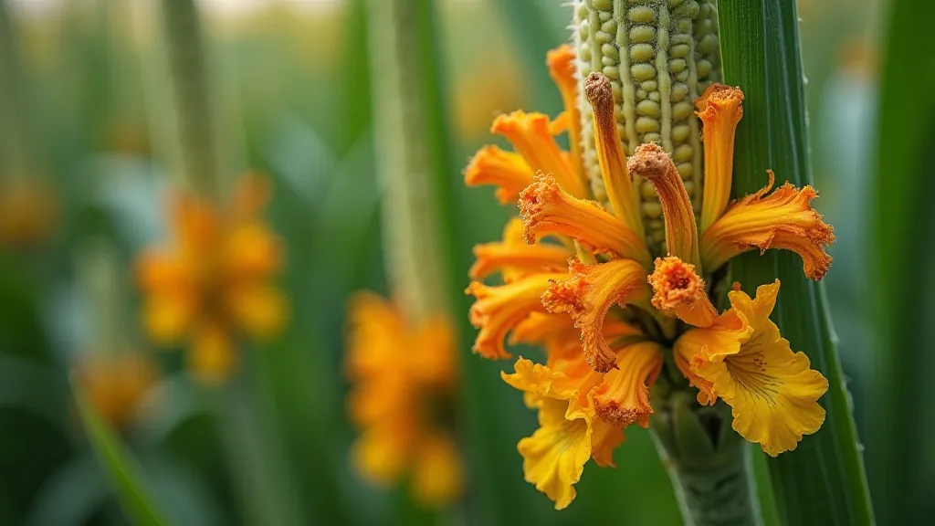 Heirloom corn stalks with clusters of brightly colored nasturtium flowers growing at their base.