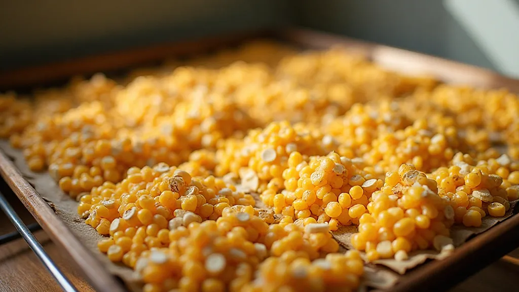 Corn kernels drying on a rack