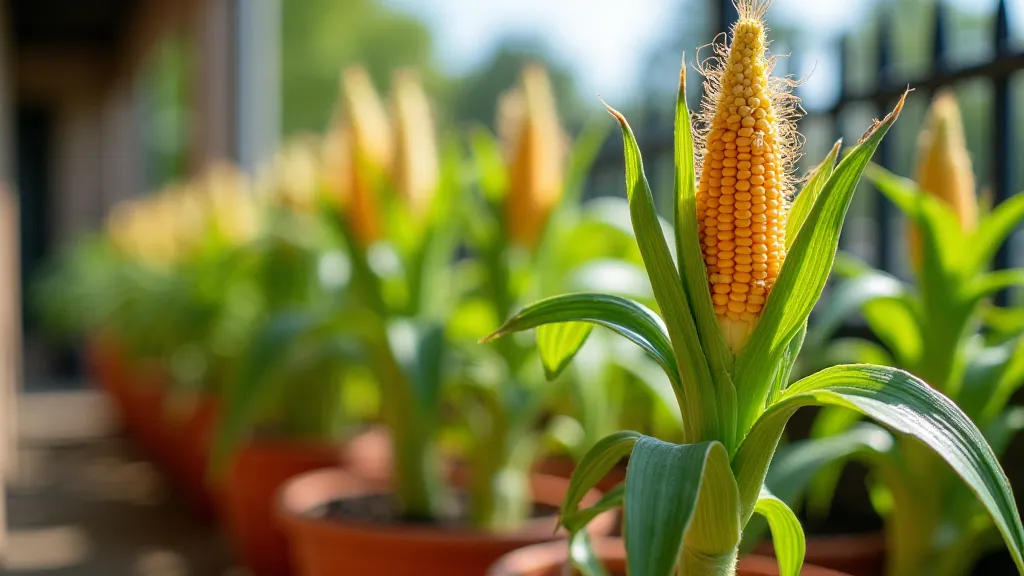 Heirloom corn growing in terracotta pots on a balcony
