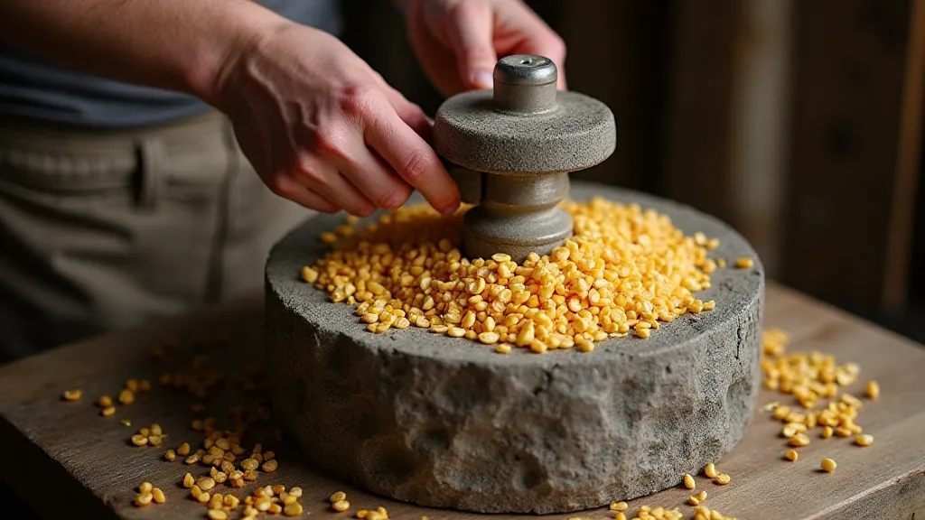 Hand-cranked stone mill grinding corn